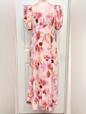London Times Floral Linen Blend Midi Dress Size 6 Square Neck Puff Sleeve